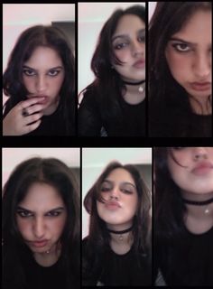 multiple pictures of a woman with different facial expressions on her face and in front of the camera