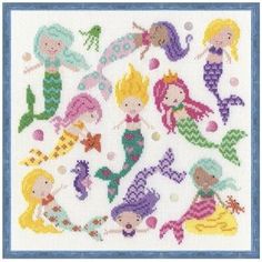 a cross stitch pattern with mermaids and seahorses on the bottom half of it