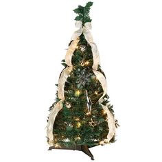 a small christmas tree with lights and ribbons on it's top is decorated in gold, white and green