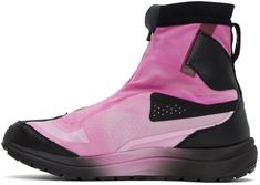 High-top paneled piece-dyed waterproof GORE-TEX® ripstop, bonded jersey, and leather sneakers in pink and black. Bonded trim throughout. · Logo embossed at toe · Concealed lace-up fastening and zip closure · Logo appliqué at padded tongue · Elasticized collar · Logo-embossed webbing pull-loop at heel collar · Logo embossed at heel counter · Treaded Contagrip® rubber sole Part of the 11 by Boris Bidjan Saberi x Salomon collaboration. Each item is unique. Please note coloration may vary. Supplier Boris Bidjan Saberi, High Sneakers, Pink And Black, Gore Tex, Luxury Streetwear, Leather Sneakers, High Top, High Top Sneakers, High Tops