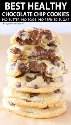 chocolate chip cookies stacked on top of each other