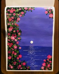 a painting with roses on it and the moon in the sky over water behind it