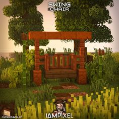 a bench sitting in the middle of a forest next to some trees and bushes with text overlay that reads, minecraft living chair