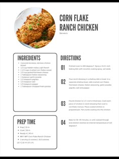 the recipe for corn flake ranch chicken is shown in black and white, with text