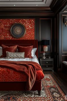 a bed with red and white sheets in a dark room next to a chair, table and lamp