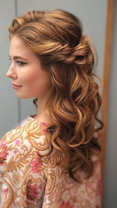 a woman with long curly hair wearing a flowered dress and looking off to the side