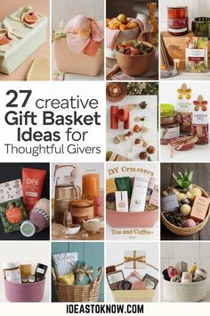 some baskets filled with different types of items and text that says creative gift basket ideas for thoughtful givers