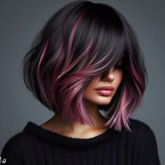 Vibrant Hair Highlights, Black And Vivid Hair, Burgundy Money Piece Hair On Black Hair, Short Hair Inspiration Color, Vivid Hair Color Highlights, Bob Haircolor Ideas, A Line Haircut With Bangs, Hair Color Unique Short, Black And Magenta Hair