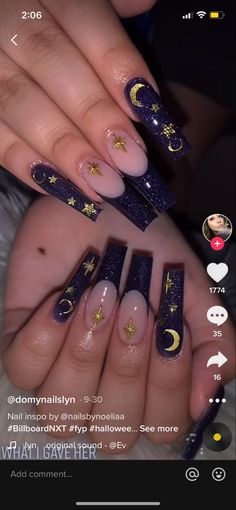 Celestial Nails Coffin, Dark Blue Nails With Moon And Stars, Black And Gold Celestial Nails, Under The Stars Nail Design, Under The Stars Nails Acrylic, Moon Acrylic Nail Designs, Black Sagittarius Nails, Starry Night Acrylic Nails, Black Nails For Quinceanera