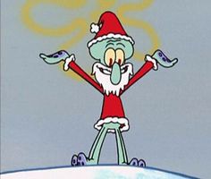 an animated image of a cartoon character wearing a santa hat and holding his arms out