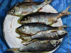 an oil painting of fish on a white plate with blue water in the back ground