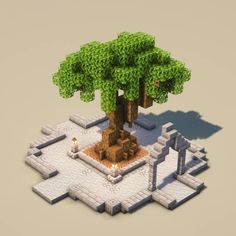 a low poly model of a tree in the middle of a stone area with candles on it