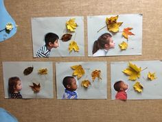 four pictures of children's faces and autumn leaves on white paper with brown background