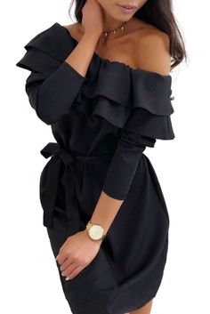 Black Double Frill Off Shoulder Long Sleeve Dress Off Shoulder Long Sleeve Dress, Dress Autumn, Sash Belt, Black Long Sleeve Dress, Loungewear Sets, Black Solid, Mini Dresses, Wholesale Fashion, Daily Fashion