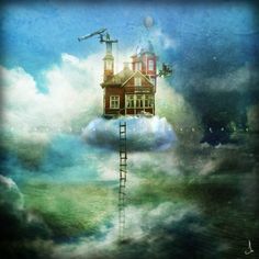 a house on top of a ladder in the middle of water with clouds and sky