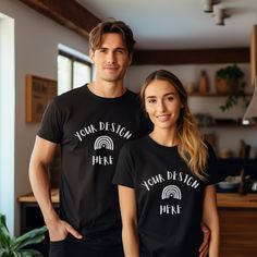 Couple T-shirt Mockup, Black Shirt, Model Mockup, Cozy Stock Photo, JPG File, Instant Download -- PLEASE NOTE This item is a DIGITAL FILE, no physical item will be shipped. -- SIMILAR PRODUCT,  Click on this link: https://www.etsy.com/shop/Donataphoto?ref=seller-platform-mcnav&search_query=046 -- ALL PRODUCT,  Click on this link: https://www.etsy.com/shop/Donataphoto?ref=seller-platform-mcnav -- WHAT'S INCLUDED: - 1 JPG file. PDF TIPS  Width: 6016 Pixels Height: 6016 Pixels Resolution: 300 Pixels/Inch. It is recommended to use Adobe Photoshop. The original files come without watermark. Stationery designs are not included in the purchase and are for display purposes only. Mockup should only be used for personal or business. Is not allowed to resell, lease, loan. Customizable Black Short Sleeve Shirt, Black Crew Neck T-shirt With Branding, Black Branded Crew Neck T-shirt, Customizable Black Cotton Shirt, Black Custom Print Short Sleeve Top, Black Short Sleeve Top With Custom Print, Basic Black T-shirt With Custom Print, Customizable Basic Black Shirt, Shirt Model