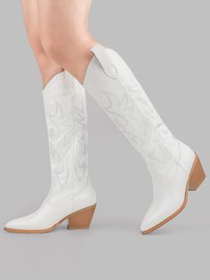 ✅MAN-MADE MATERIAL: The heels are made from premium quality synthetic materials, which means no animal are hurt during the production. ✅Non-slip rubber sole make your every step safe and stable.The slip-on style is convenient and comfortable to wear, and shows your femininity. ✅Perfect Design:These western cowboy boots are designed with classic embroidery, pull-on style, almond-shaped pointed toe, thick mid-heel, rubber sole and Lycra lining.The boot tube is made of soft leather, is foldable and Classic Embroidery, White Cowboy Boots, Boots Knee High, Smoky Mountain, Almond Shaped, Quince Dresses, Classic Boots, Synthetic Materials, Boots Knee