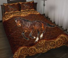 a bed with a brown horse on it