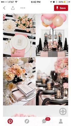 an instagram page for a wedding with pink and white flowers, black and white decor