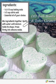 DIY Toilet Cleaner/ Bath Bomb mix ingredients together. Spritz with water until mixture holds its shape (being careful not to make it fizz). Press firmly into silicone molds. When mixture hardens (I leave them on the counter for a day) they are ready to use. Drop into bath water or your toilet! Toilet Boms Diy, Toilet Bowl Fizzies How To Make, Healthy Bath Boms Diy Recipes, How To Make Bath Bombshell, Natural Homemade Bath Boms, How To Make Natural Bath Bombshell, Laundry Detergent Recipe, Homemade Toilet Cleaner