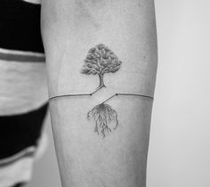 Balance Tree Tattoo, Two Piece Tattoos, Tattoos About Breaking Cycles, Tree Tattoo Linework, Tattoo Nature Ideas, Gravity Tattoo, Nature Themed Tattoos, Evolving Tattoo, Wrist Tree Tattoo