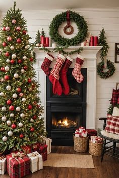 a living room decorated for christmas with presents