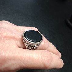 Pretty Silver Colored Ring With Clear Rhinestones. Adjustable Silver Onyx Ring, Classic Black Crystal Ring, Black Metal Crystal Round Ring, Classic Black Metal Rings, Classic Black Nickel-free Ring, Black Nickel-free Rings For Promise, Black Metal Crystal Ring, Nickel Free Black Promise Ring, Black Sterling Silver Metal Ring