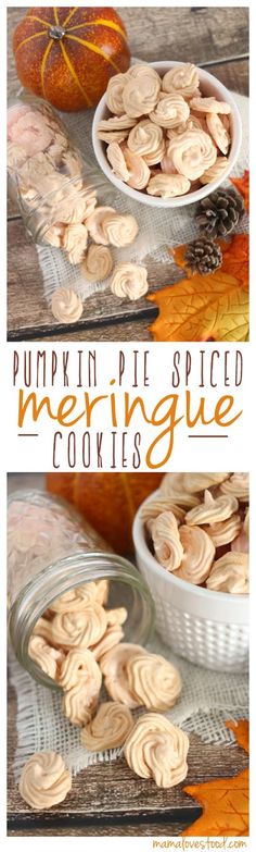 pumpkin pie spiced meringue cookies in small bowls on a table with fall leaves