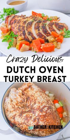 Top has a sliced turkey breast, middle says "Crazy Delicious Dutch Oven Turkey Breast" and bottom is a turkey breast in a Dutch oven. Dutch Oven Turkey Breast, Dutch Oven Turkey, Bri Recipes, Oven Turkey, Best Dutch Oven, Oven Roasted Turkey, Roast Turkey Breast