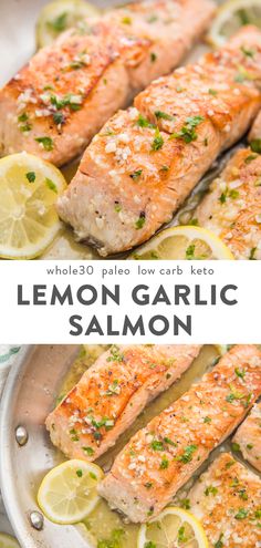 lemon garlic salmon on a plate with the title above it