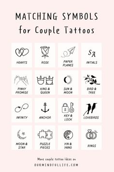 the matching symbols for couple tattoos are shown in black and white on a pink background