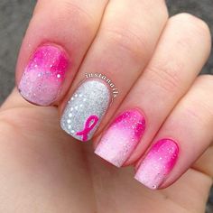 Pink Ribbon Nails, Awareness Nails, Pink Manicure, Nail Time, Pink And Silver, Pedicures, Cool Nail Designs, Creative Nails