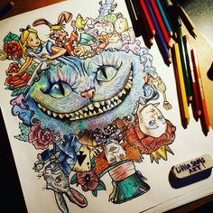 a drawing of a cat with many different things on it's face and eyes