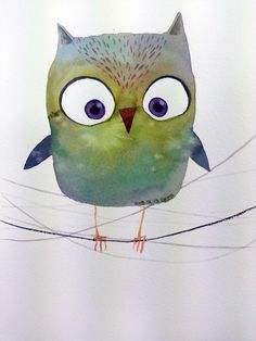 an owl with big eyes sitting on a wire