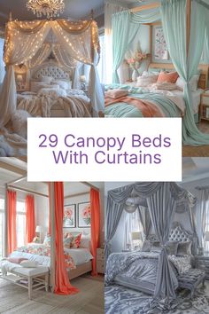 two canopy beds with curtains in different colors and sizes, one is white the other is pink