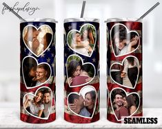 two personalized stainless steel tumblers with pictures of people and hearts on the side