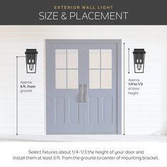 the size and placement of an exterior door with measurements for each paneled window, sidelight or light fixture