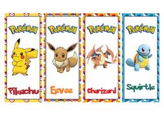 four cards with different pokemon characters on them