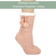 Step into cozy comfort with the Elanze Designs Dust Pink Gold Glitter Knit Pom Pom Slipper Socks. These plush-lined, non-skid indoor socks are a delightful blend of style and practicality, perfect for lounging at home.

- Material: Premium quality polyester lining with an acrylic outer knit
- Size: One size fits most, suitable for women's sizes 5 to 10
- Features: Non-slip gripper bottoms for safe use on smooth floors like hardwood and tile
- Care Instructions: Machine washable on cold or hand w Cozy Non-slip Socks For Indoor Use, Cozy Non-slip Indoor Socks, Cozy Comfortable Non-slip Socks, Super Soft Comfortable Indoor Socks, Super Soft Socks For Indoor Use, Super Soft Comfortable Socks For Indoor Wear, Soft Comfortable Indoor Socks, Pom Pom Slippers, Knit Pom Pom