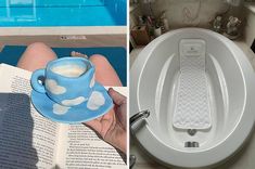 a person sitting on a toilet with a book in front of them and an image of a coffee cup next to the toilet