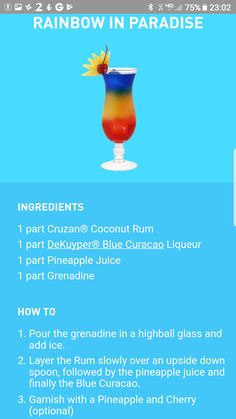 the rainbow in paradise cocktail recipe is shown on a blue background with text below it