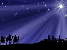 the three wise men are riding their camels through the night with shining stars above them