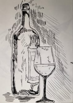 a drawing of a wine glass and bottle