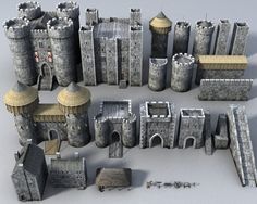 an image of a set of medieval castle ruins and towers for the 3ds max