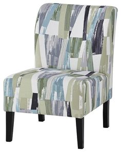 an upholstered chair with multicolored squares on it's back and legs