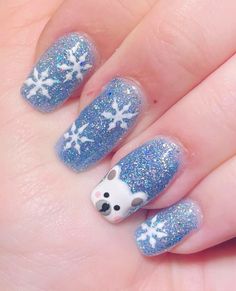 Cute Nail Art Christmas, Simply Nailogical Nail Art, Winter Polar Bear Nails, Winter Animal Nail Art, Short Blue Snowflake Nails, Winter Nails Polar Bear, Blue Nails Ideas Winter, Polar Bear Christmas Nails, Polar Bear Nail Designs