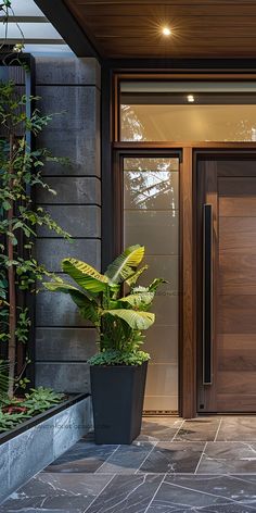 the front entrance to a modern home with large planters