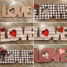 four different images of love spelled out of wood and paper with red hearts on them