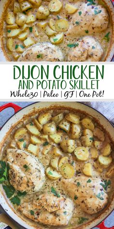 chicken and potato skillet in a red pan with text overlay that reads, dijon chicken and potato skillet