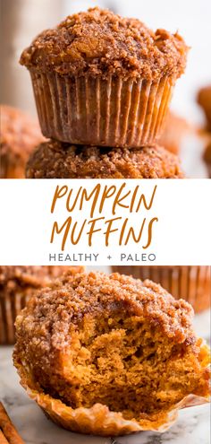 pumpkin muffins stacked on top of each other with the words healthy and pale